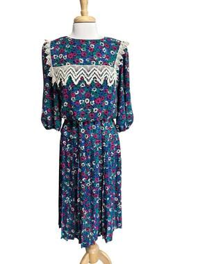 JAMIE 80s 90s Pleated Midi Dress Crochet Collar Eclectic Cottagecore size 10